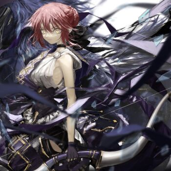 1girl absurdres black_choker bow_(weapon) breasts choker commentary_request fate/strange_fake fate_(series) fingerless_gloves gloves greco-roman_clothes hair_bun highres hippolyta_(fate) holding holding_bow_(weapon) holding_weapon looking_at_viewer medium_breasts narue red_hair short_hair solo weapon yellow_eyes