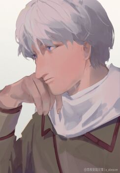 1boy a_abeaver artist_name axis_powers_hetalia brown_coat closed_mouth coat collared_coat fingernails grey_hair hair_between_eyes hand_on_own_face hand_up hashtag-only_commentary highres lips long_sleeves looking_to_the_side male_focus purple_eyes russia_(hetalia) scarf short_hair simple_background solo upper_body white_background white_scarf