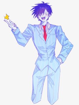 1boy antenna_hair blush bossman_hero colored_skin danmuji_07 formal_clothes hand_on_own_hip hero_(headspace)_(omori) hero_(omori) highres looking_at_viewer male_focus necktie omori open_mouth pants pinstripe_pants pinstripe_pattern pinstripe_suit purple_hair red_necktie sharp_teeth short_hair snapping_fingers solo suit teeth white_eyes white_skin