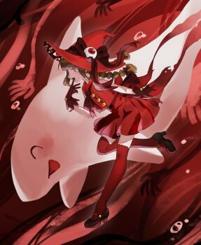 bow braid brown_hair funamusea gloves gold_buttons hat highres oounabara_to_wadanohara red_bow red_eyes red_gloves red_hat red_ribbon red_shirt red_skirt red_thighhighs ribbon shark shibugaki_1025 shirt skirt sleeveless syakesan_(funamusea) thighhighs twin_braids wadanohara wadanohara_(red_sea)