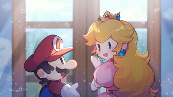 Rule 34 | 1boy, 1girl, blonde hair, blue overalls, blurry, blurry background, brown hair, commentary request, crown, dress, earrings, elbow gloves, facial hair, gloves, hanaon, hat, highres, jewelry, long hair, looking at another, mario, mario (series), mustache, nintendo, open mouth, overalls, own hands together, pink dress, princess peach, puffy short sleeves, puffy sleeves, red hat, red shirt, shirt, short hair, short sleeves, smile, twitter username, upper body, white gloves
