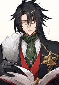 1boy ascot az_(pixiv_108058292) black_coat black_gloves black_hair book chain chain_necklace closed_eyes coat collared_shirt commentary_request final_fantasy final_fantasy_vii final_fantasy_vii_ever_crisis gauntlets glasses gloves gold_trim gradient_background green_ascot hair_between_eyes highres holding holding_book jewelry long_hair looking_at_viewer male_focus multiple_necklaces necklace notice_lines official_alternate_costume red_eyes red_vest shirt simple_background single_gauntlet single_glove solo upper_body vest vincent_valentine vincent_valentine_(holiday_formal_wear) white_fur white_shirt