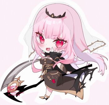 1girl black_cape black_dress black_tiara blush breasts cape chibi cleavage detached_sleeves dress highres holding holding_scythe hololive hololive_english jewelry kamiya_maneki large_breasts long_hair looking_at_viewer mori_calliope mori_calliope_(1st_costume) open_mouth pink_eyes pink_hair red_eyes scythe shoulder_spikes single_detached_sleeve smile solo spiked_cape spikes tiara veil virtual_youtuber