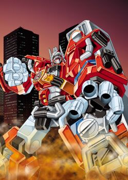 absurdres autobot building fire_convoy highres humanoid_robot insignia machine mecha mechaken optimus_prime robot science_fiction transformers transformers_car_robots yellow_eyes