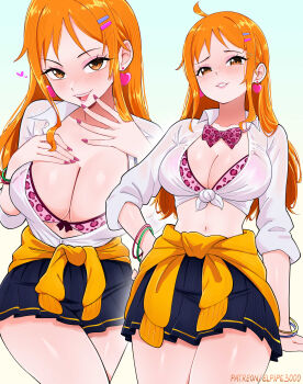 1girl absurdres black_skirt blush bow bra bracelet breasts clothes_around_waist collared_shirt earrings elpipe_3000 heart heart_earrings highres jacket jacket_around_waist jewelry large_breasts leopard_print leopard_print_bra long_hair looking_at_viewer multiple_views nami_(one_piece) one_piece open_mouth orange_eyes orange_hair pink_bow pink_bra pleated_skirt print_bow print_bra purple_nails school_uniform shirt skirt underwear white_shirt yellow_jacket