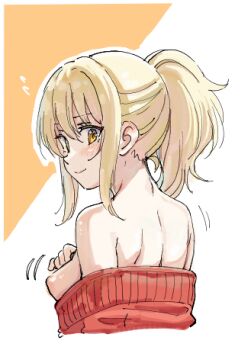 1girl blonde_hair blush breasts brown_eyes clothes_pull commentary_request from_behind looking_at_viewer looking_back love_live! love_live!_nijigasaki_high_school_idol_club lowres medium_breasts medium_hair miyashita_ai nipples ponytail red_sweater sidelocks simple_background smle solo sweater sweater_pull tata_(tataice)