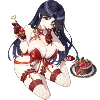 1girl black_hair blueberry breasts brown_eyes brown_gloves cake chocolate chocolate_cake christmas_cake cleavage dolphin_wave fishnet_thighhighs fishnets food fork fruit full_body game_cg garter_straps gloves groin hair_ribbon high_heels highres hirasaka_yuno holding holding_chocolate holding_food holding_fork incoming_food large_breasts leotard licking_food lingerie long_hair looking_at_viewer merry_christmas mole mole_under_eye neck_ribbon non-web_source official_art ootomo_takuji parted_lips red_garter_straps red_leotard red_ribbon red_shoes ribbon shoes sitting skindentation solo strawberry thighhighs tongue tongue_out transparent_background underwear very_long_hair