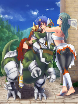 2girls ahoge armor armored_boots back barefoot bikini_armor black_pants black_thighhighs blue_eyes blue_hair blue_sky boots breasts cape chest_sarashi clothes_around_waist cobblestone commentary_request day dokuo feathered_wings ferus_(ragnarok_online) foot_wraps full_body gauntlets green_hair head_wings highres long_hair looking_at_viewer medium_breasts multiple_girls open_mouth outdoors pants pauldrons ragnarok_online red_cape riding_dragon rune_knight_(ragnarok_online) sarashi shirt shirt_around_waist short_hair shoulder_armor sky spiked_pauldrons spikes sura_(ragnarok_online) thighhighs white_shirt white_wings wings