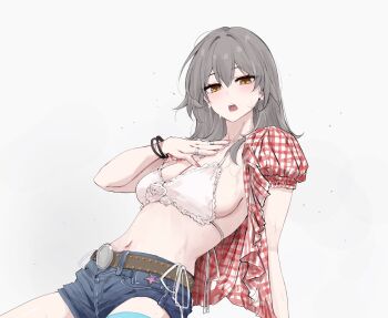 1girl belt bra bracelet brown_belt commentary cosplay denim denim_shorts english_commentary feint721 frilled_bra frills grey_hair hand_on_own_chest highres honkai:_star_rail honkai_(series) jewelry kwon_eun-bi kwon_eun-bi_(cosplay) long_hair looking_at_viewer multiple_bracelets navel open_clothes open_mouth open_shirt plaid_clothes plaid_shirt puffy_short_sleeves puffy_sleeves shirt short_sleeves shorts simple_background solo stelle_(honkai:_star_rail) stomach trailblazer_(honkai:_star_rail) underwear white_background white_bra yellow_eyes