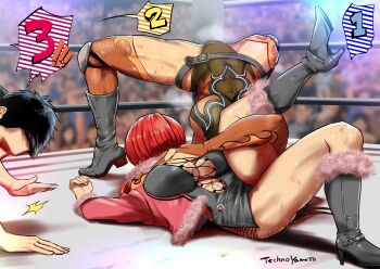 2girls audience boots crossover defeat highres jaycee_(tekken) multiple_girls shermie_(kof) tekken the_king_of_fighters wrestling wrestling_pin wrestling_ring yasuda_makoto
