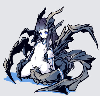 1girl bare_shoulders black_hair blue_eyes blunt_bangs commentary_request detached_collar detached_sleeves dragon dragon_horns dragon_tail dragon_wings eastern_dragon eastern_dragon_horns eastern_dragon_tail flat_chest grey_background groin hand_on_own_chest highres hisui_(syarute) horns kneeling loli long_hair long_sidelocks navel nude original pale_skin ribs sidelocks simple_background solo tail wings