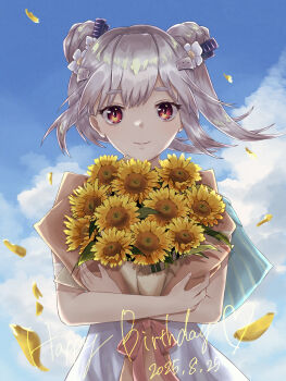 1girl absurdres blue_sky bouquet closed_mouth cloud commentary_request crossed_arms dated day double_bun dress eyelashes falling_petals floating_hair flower grey_hair hair_between_eyes hair_bun hair_flower hair_ornament happy_birthday heaven_burns_red highres holding holding_bouquet looking_at_viewer medium_hair official_alternate_costume outdoors petals red_eyes sky smile solo split_mouth sunflower thick_eyebrows twintails white_dress white_flower yamawaki_bon_ivar yu422yu