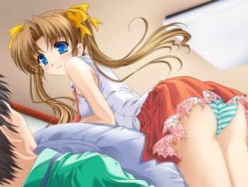 Rule 34 | 00s, 1boy, 1girl, ass, bare shoulders, blue eyes, blush, brown hair, game cg, lamune, nakazato hikari, necktie, panties, pantyshot, skirt, smile, striped clothes, striped panties, twintails, underwear, upskirt