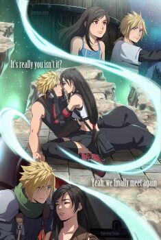 1boy 1girl aged_down aqua_dress arm_support armor baggy_pants bare_shoulders benteja black_gloves black_hair black_skirt black_thighhighs blonde_hair blue_eyes boots breasts cloud_strife commentary crop_top dress english_commentary english_text eye_contact feet_out_of_frame final_fantasy final_fantasy_vii final_fantasy_vii_remake fingerless_gloves from_side gloves green_scarf hands_on_another&#039;s_cheeks hands_on_another&#039;s_face highres lifestream light_particles long_hair looking_at_another low-tied_long_hair low_ponytail midriff multiple_views navel nibelheim night night_sky pants parted_lips ponytail profile red_boots red_eyes ribbed_sweater scarf shinra_infantry_uniform shirt short_hair shoulder_armor sitting skirt sky sleeveless sleeveless_turtleneck spiked_hair star_(sky) starry_sky sundress suspender_skirt suspenders sweater t-shirt tank_top thighhighs tifa_lockhart turtleneck turtleneck_sweater unconscious upper_body water_tank water_tower white_shirt white_tank_top yokozuwari