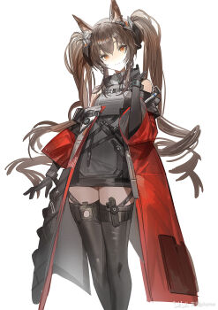 1girl angelina_(arknights) animal_ear_fluff animal_ears arknights arknights:_endfield artist_name bare_shoulders bilibili_logo black_gloves black_thighhighs blush bracelet breasts brown_hair closed_mouth coat dot_nose dress drill_hair elbow_gloves feet_out_of_frame fox_ears fox_girl gilberta_(arknights) gloves grey_dress hair_between_eyes hair_ornament hand_up head_tilt high_collar highres infection_monitor_(arknights) jewelry light_blush light_smile long_hair long_sleeves looking_at_viewer medium_breasts no_tail off_shoulder open_clothes open_coat orange_eyes pencil_dress plumw red_coat short_dress simple_background sketch sleeveless sleeveless_dress solo standing thighhighs thighs three-quarter_sleeves twintails very_long_hair watermark white_background wide_sleeves zettai_ryouiki