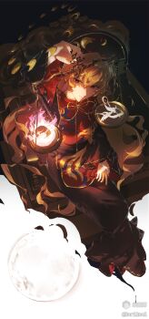 Rule 34 | 1girl, a4ina, absurdres, black dress, black nails, blonde hair, chinese clothes, closed mouth, dalachi (headdress), dress, feathers, fire, from above, hair between eyes, highres, holding scale, junko (touhou), long hair, long sleeves, looking at viewer, moon (ornament), nail polish, red eyes, red tabard, sitting, sitting on throne, smile, solo, tabard, touhou, very long hair, weighing scale