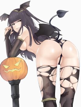 1girl animal_print ass bat_print bat_wings bent_over black_eyes black_gloves black_hair black_nails black_thighhighs blunt_bangs breasts bridal_gauntlets cameltoe demon_tail demon_wings elbow_gloves female_focus fire_emblem fire_emblem_awakening from_behind gloves gluteal_fold halloween halloween_costume head_wings highres interlocked_fingers j@ck jack-o'-lantern jewelry long_hair looking_back matching_hair/eyes medium_breasts nail_polish nintendo own_hands_together pantyhose parted_lips pumpkin pussy pussy_peek sideboob smile solo tail tharja_(fire_emblem) thighhighs thighlet thong topless_female torn_clothes torn_pantyhose twitter_username wings