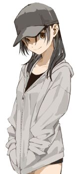 1girl absurdres black_hair black_shirt brown_eyes collarbone commentary_request grey_hat grey_jacket hair_between_eyes hands_in_pockets hat highres hood hooded_jacket jacket looking_at_viewer manemane_nichinichi medium_hair nagisa_akane shirt simple_background solo thighs white_background yamamoto_souichirou