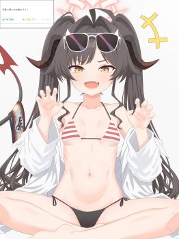 1girl ahoge bikini black_hair black_horns black_tail blue_archive breasts claw_pose coat coat_partially_removed crossed_legs demon_horns demon_tail fang halo highres horns kakinarchiveman kasumi_(blue_archive) kasumi_(swimsuit)_(blue_archive) lab_coat long_hair long_sleeves long_tail looking_at_viewer navel off_shoulder official_alternate_costume open_mouth red_halo shirt side-tie_bikini_bottom simple_background sitting small_breasts solo striped_bikini striped_clothes swimsuit tail twintails white_background white_coat white_shirt yellow_eyes
