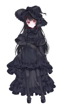 1girl alternate_costume black_dress black_gloves black_hair black_pantyhose black_shoes colored_inner_hair commentary_request dress frilled_dress frills gloves hat highres hime_cut long_hair looking_at_viewer magical_girl mahou_shoujo_no_majo_saiban multicolored_hair nikaido_hiro official_artist_extra pantyhose red_eyes shoes simple_background smile solo tokito_setsuna white_background witch_hat