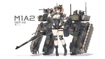 1girl absurdres armored_vehicle blonde_hair breasts browning_m2 camouflage cannon caterpillar_tracks commentary_request gun heavy_machine_gun highres large_breasts m1_abrams m1_abrams_(personification) machine_gun mecha_musume military military_vehicle motor_vehicle original personification reactive_armor sherman_(egnk2525) tank weapon