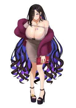 Rule 34 | 1girl, absurdres, awesome crane, black hair, black shoes, blue eyes, blush, breast tattoo, breasts, brown dress, brown dust (series), brown dust 2, cleavage, cleavage cutout, closed mouth, clothing cutout, colored inner hair, commentary request, dress, earrings, eclipse (brown dust), flower earrings, fur jacket, high heels, highres, holding, holding wallet, jacket, jewelry, korean commentary, large breasts, leaning forward, lips, long hair, looking at viewer, multicolored hair, necklace, purple hair, shoes, simple background, smile, solo, stiletto heels, tattoo, toes, transparent background, two-tone hair, very long hair, wallet