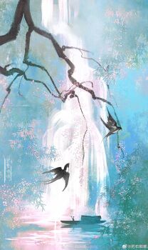 absurdres animal bird boat bush chinese_commentary commentary_request fei_you_dudu flower highres lake no_humans oar original pink_flower reflection reflective_liquid scenery sunlight swallow_(bird) water watercraft waterfall watermark weibo_watermark