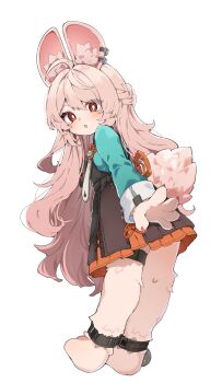1girl ahoge animal_ear_fluff animal_ear_piercing animal_ears animal_feet anklet bright_pupils commentary_request from_behind full_body furry furry_female green_shirt guest_art highres ikeuchi_tanuma jewelry long_hair looking_at_viewer looking_back open_mouth pink_fur pink_hair rabbit_ears rabbit_girl rabbit_tail red_eyes shirt short_eyebrows simple_background solo tail thick_eyebrows white_background white_pupils zenless_zone_zero zhao_(zenless_zone_zero)