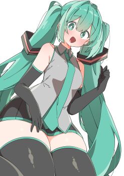 Rule 34 | 1girl, :d, absurdres, aqua eyes, aqua hair, aqua necktie, aqua trim, bare shoulders, black gloves, black skirt, black thighhighs, blush, bright pupils, collared shirt, commentary, cowboy shot, elbow gloves, gloves, grey shirt, hair ornament, hand up, hatsune miku, highres, long hair, looking at viewer, necktie, no nose, one-hour drawing challenge, open mouth, pleated skirt, raised eyebrows, shirt, simple background, skirt, sleeveless, sleeveless shirt, smile, solo, thighhighs, thighs, twintails, uruti 2388, very long hair, vocaloid, white background, white pupils, zettai ryouiki