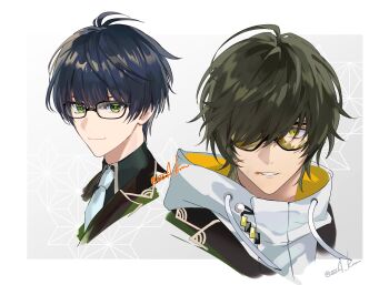 Rule 34 | 2boys, ahoge, black hair, black jacket, black shirt, blood, blood on face, broken eyewear, closed mouth, collared shirt, commentary request, cuts, drawstring, glasses, green eyes, green hair, hair between eyes, hair over one eye, highres, hood, hood down, hoodie, injury, jacket, kotegiri gou, koujisako, kuwana gou (touken ranbu), looking at viewer, male focus, multiple boys, necktie, one eye covered, parted lips, portrait, shirt, short hair, simple background, smile, sunglasses, tinted eyewear, touken ranbu, twitter username, white background, white hoodie, white necktie, yellow eyes
