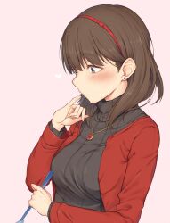 Rule 34 | 1girl, black sweater, blue eyes, blush, breasts, brown hair, chocolate, earrings, food on hand, from side, hairband, hand up, heart, highres, holding, holding spatula, idolmaster, idolmaster cinderella girls, idolmaster cinderella girls starlight stage, jacket, jewelry, long sleeves, looking at another, looking down, medium breasts, necklace, open clothes, open jacket, pink background, pinky out, red hairband, red jacket, sakuma mayu, short hair, simple background, solo, spatula, spirytus tarou, sweater, upper body