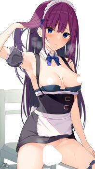 1girl absurdres apron arm_behind_head armpits blue_bow blue_bowtie blue_eyes bow bowtie bra bra_pull breasts breasts_apart censored censored_nipples chair closed_mouth clothes_pull collarbone detached_collar hand_in_own_hair highres long_hair looking_at_viewer maid maid-chan_(ramchi) maid_apron maid_headdress medium_breasts original panties panties_around_leg purple_hair ramchi simple_background sitting steam straight_hair sweat swept_bangs thighs underwear white_background