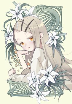 Rule 34 | 1girl, blonde hair, blush, colored eyelashes, commentary request, flower, from side, gakuen idolmaster, hair ornament, hairclip, head on hand, hexagram, highres, idolmaster, lily-an, long hair, looking at viewer, open mouth, orange eyes, parallel hairclips, parted bangs, robe, shinosawa hiro, solo, star of david, upper body, white flower, white robe, yellow background