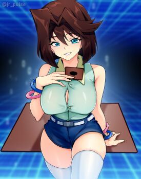 breasts bursting_breasts curvy denim denim_shorts large_breasts leaning_on_object looking_at_viewer mazaki_anzu shorts taut_clothes thick_thighs thighhighs thighs yu-gi-oh! yu-gi-oh!_duel_monsters