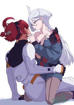 Rule 34 | 2girls, asticassia school uniform, black hairband, black pantyhose, blue eyes, bodysuit, commentary request, green jacket, green shorts, grey eyes, grey hair, gundam, gundam suisei no majo, hair up, hairband, hand on another's waist, highres, jacket, long hair, looking at another, miorine rembran, monto (user dmde2437), multiple girls, open clothes, open jacket, pantyhose, parted lips, red hair, school uniform, shorts, simple background, spacesuit, straddling, suletta mercury, white background, white bodysuit, yuri