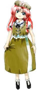 1girl black_shoes blue_eyes braid ceciliaxlove chinese_clothes chinese_text dragon dragon_girl dress embodiment_of_scarlet_devil full_body green_bonnet green_dress hong_meiling lowres mary_janes no_pants red_hair remake shoes star_(symbol) touhou twin_braids zun_(style)