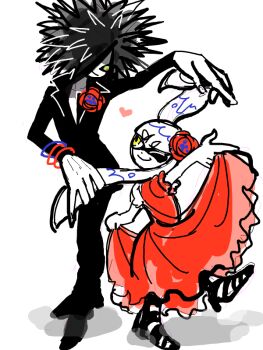 Rule 34 | ballroom dancing, clothes lift, corsage, dress, dress lift, height difference, inkling girl, inkling player character, looking at another, motimoti-hokahoka, nintendo, one eye closed, red dress, sea urchin, splatoon (series), spyke (splatoon), white background