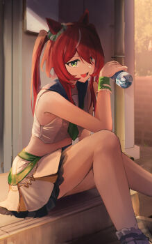 1girl :d absurdres animal_ears bottle cheerleader commentary_request cropped_shirt denryoku_saboten ear_ornament genkai_made_pom_pon!! green_eyes green_necktie hair_between_eyes highres holding holding_bottle horse_ears horse_girl long_hair looking_at_viewer multicolored_hair necktie open_mouth red_hair sailor_collar shirt short_necktie skirt smile solo streaked_hair twintails umamusume water_bottle white_hair white_shirt white_skirt win_variation_(umamusume) wrist_cuffs