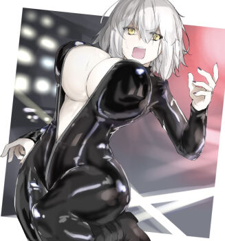 1girl black_bodysuit bodysuit breasts center_opening cleavage commentary_request fate/grand_order fate_(series) grey_hair jeanne_d'arc_alter_(fate) large_breasts long_sleeves looking_at_viewer open_mouth ri_o_ne_su short_hair solo thighs yellow_eyes