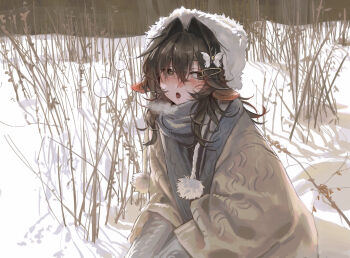 Rule 34 | 1girl, animal ears, black eyes, black hair, breath, brown sweater, butterfly hair ornament, day, droopy ears, fur-trimmed headwear, fur trim, grey scarf, hair between eyes, hair intakes, hair ornament, hairclip, highres, kirihara aki, kuzakura yako (kirihara aki), light blush, medium hair, mole, mole under eye, nature, original, outdoors, parted lips, scarf, sitting, snow, snowing, solo, sweater, thick eyebrows, upper body, winter