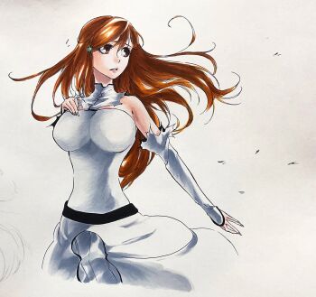 1girl bare_shoulders bleach breasts brown_eyes female_focus hair_ornament hairclip highres hipline inoue_orihime large_breasts long_hair official_alternate_costume orange_hair simple_background snowflake_hair_ornament torn_clothes
