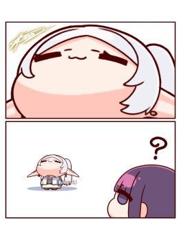 2girls :3 ? border capelet chibi chibi_only closed_eyes closed_mouth commentary earrings elf facing_up fern_(sousou_no_frieren) frieren highres jewelry kuroij long_hair looking_at_another multiple_girls parted_bangs pointy_ears purple_eyes purple_hair signature simple_background skirt sousou_no_frieren symbol-only_commentary teardrop_earrings twintails upward_angle_frieren_drawing white_background white_border white_capelet white_hair white_skirt