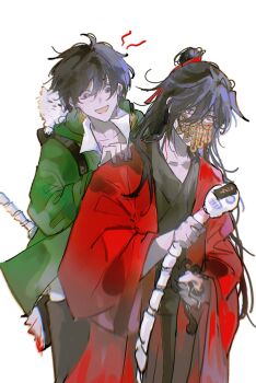 2boys :d aaawwwssslll animal animal_on_shoulder backpack bag black_bag black_eyes black_hair black_hanfu black_pants bone cat cat_on_shoulder chen_ge chinese_clothes chinese_commentary coat coin coin_mask collared_shirt covered_mouth creature crossover dao_gui_yi_xian green_jacket hair_between_eyes hair_bun hair_ribbon half_updo hanfu highres holding holding_creature holding_sword holding_weapon holed_coin hood hood_down hooded_jacket jacket li_huowang li_sui_(tentacles) liquid long_hair long_sleeves looking_at_another male_focus mask messy_hair mouth_veil multiple_boys my_house_of_horrors ofuda open_mouth pants red_coat red_ribbon ribbon robe shirt short_hair shout_lines simple_background single_hair_bun skull smile spine spine_sword standing sword tears tentacles veil weapon white_background white_shirt wide_sleeves