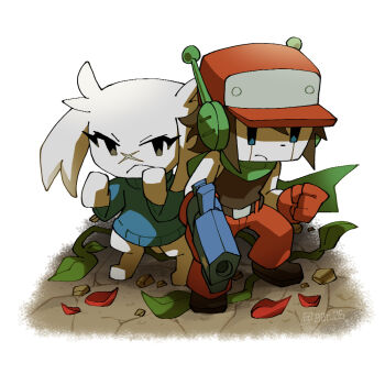 1boy 1girl bare_shoulders belt belt_buckle black_belt black_shirt black_shoes blue_eyes blue_sweater buckle clenched_hand closed_mouth commentary_request doukutsu_monogatari fighting_stance frown full_body furry furry_female ggrks05 gloves green_scarf gun handgun hat holding holding_gun holding_weapon leaf long_sleeves looking_at_viewer pants petals quote_(cave_story) red_gloves red_hat red_pants robot rose_petals sakamoto_sue scarf shirt shoes simple_background sleeveless sleeveless_shirt standing star_(symbol) sweater twitter_username weapon white_background