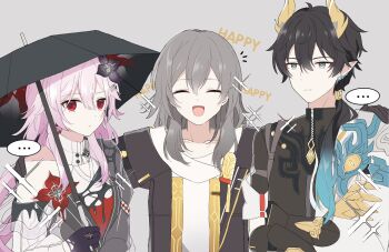 ... 1boy 2girls ^_^ black_hair clawed_gauntlets closed_eyes commentary_request crossed_arms dan_heng_(honkai:_star_rail) dan_heng_(permansor_terrae)_(honkai:_star_rail) dragon_boy dragon_horns english_text evernight_(honkai:_star_rail) eyeliner flower gloves gradient_hair green_eyes grey_hair hair_flower hair_ornament hairclip happy highres holding holding_umbrella honkai:_star_rail honkai_(series) horns jewelry ki_ii37 low_ponytail makeup march_7th_(honkai:_star_rail) multicolored_hair multiple_girls parallel_hairclips pink_hair pointy_ears ponytail red_eyes ring single_bare_shoulder stelle_(honkai:_star_rail) trailblazer_(honkai:_star_rail) turtleneck umbrella