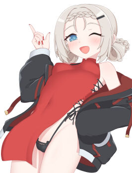 1girl ;d bare_shoulders black_jacket black_panties blonde_hair blue_eyes blush braid breasts caligula_d clothes_pull commentary covered_navel cross-laced_clothes cross-laced_dress dress english_commentary finger_gun from_below girls'_frontline girls'_frontline_2:_exilium groin hair_ornament hair_rings hairclip hand_on_own_hip hand_up highleg highleg_panties highres jacket jacket_pull looking_at_viewer looking_down medium_hair mp5_(girls'_frontline) off_shoulder one_eye_closed open_clothes open_jacket open_mouth panties peri_(girls'_frontline_2) red_dress red_nails short_dress sideless_dress sleeveless sleeveless_dress small_breasts smile solo standing thighs underwear