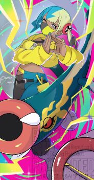 1girl aqua_hair baggy_pants bandeau black_mask blonde_hair blue_skin canari_(pokemon) center-flap_bangs colored_sclera colored_skin criss-cross_straps dark-skinned_female dark_skin eel eelektross electricity fangs fish gen_5_pokemon heart heart_hands highres jacket lamprey mask mask_pull mega_eelektross mega_pokemon mouth_mask multicolored_hair multicolored_skin nintendo one_eye_closed open_mouth pants pokemon pokemon_(creature) pokemon_legends:_z-a red_sclera short_twintails split-color_clothes split-color_hair twintails two-tone_mask two-tone_pants two-tone_skin umotomochi v-shaped_eyes white_skin yellow_bandeau yellow_jacket yellow_mask yellow_trim