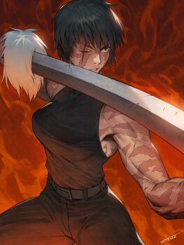 Rule 34 | absurdres, bare shoulders, belt, black hair, black panties, breasts, commentary, hichi, highres, jujutsu kaisen, multiple scars, muscular, muscular female, one eye closed, panties, scar, short hair, underwear, zen'in maki, zen'in maki (post shibuya)