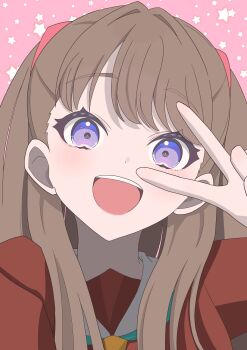 1girl :d aqua_neckerchief brown_dress brown_hair commentary dress fujishima_megumi hasu_no_sora_school_uniform hasutousan highres link!_like!_love_live! long_hair looking_at_viewer love_live! neckerchief open_mouth pink_background purple_eyes sailor_collar sailor_dress school_uniform smile solo star_(symbol) star_symbol_background symbol-only_commentary teeth two_side_up upper_teeth_only v v_over_eye virtual_youtuber white_sailor_collar winter_uniform