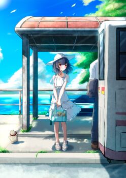 1boy 1girl bag blue_hair blush bus_stop closed_mouth day dress floating_hair hair_down hat highres holding holding_bag howaso idolmaster idolmaster_shiny_colors light_smile medium_hair morino_rinze outdoors red_eyes sandals standing straw_doll sun_hat toes white_dress white_hat